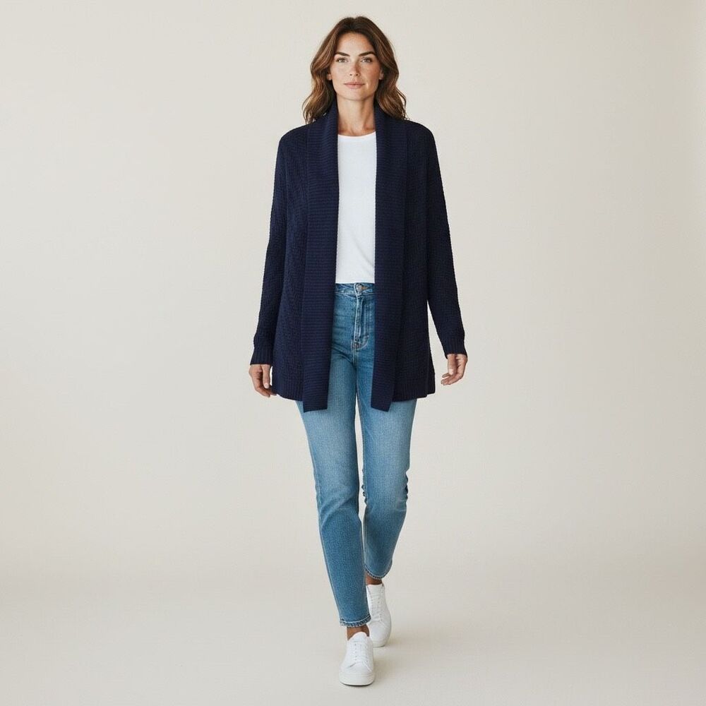 Chicos Open Front Knit Cardigan Sweater Size 1 US Medium Navy Blue